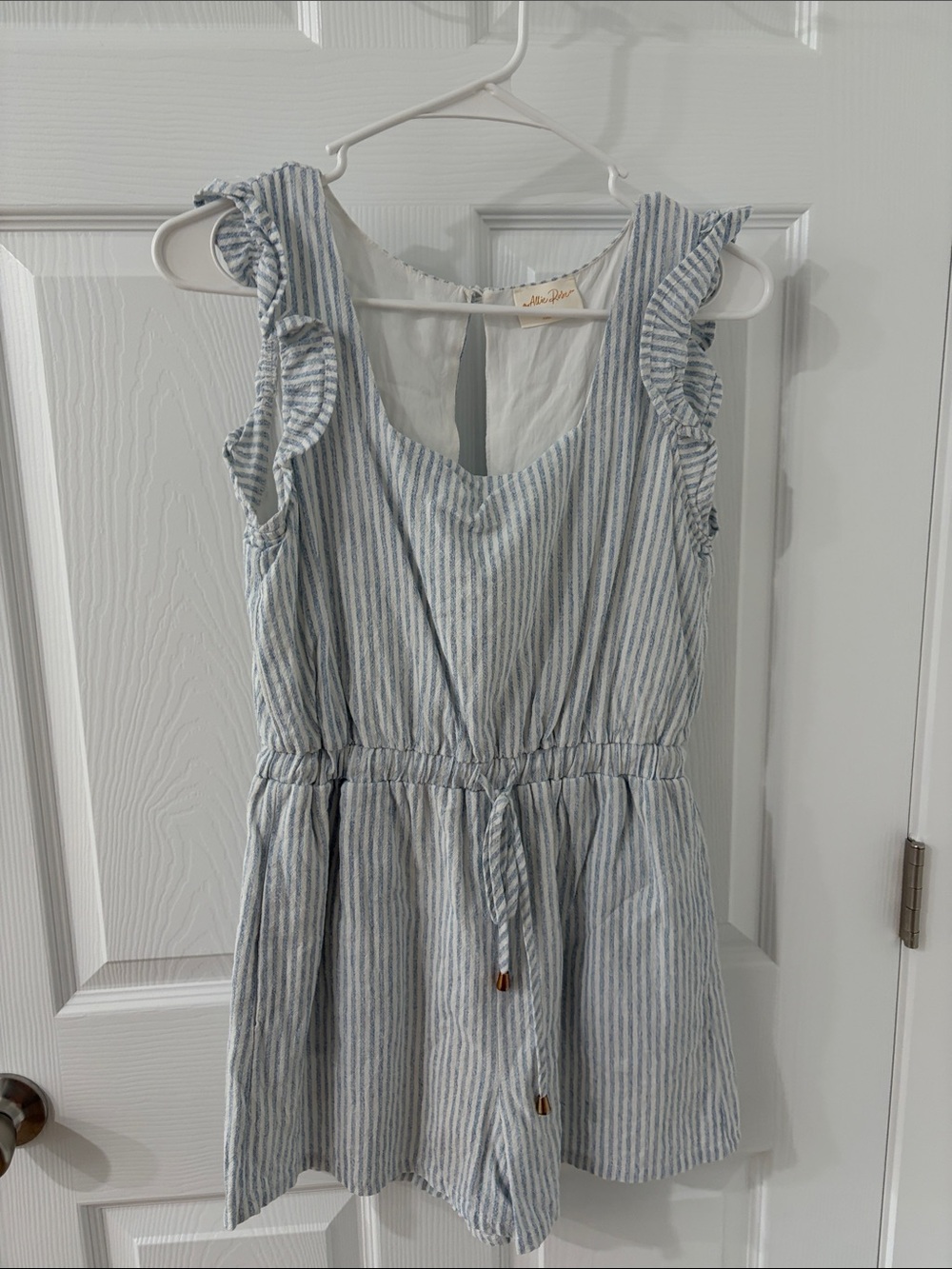 Maeve Blue Stripe Ruffle-Sleeve Romper